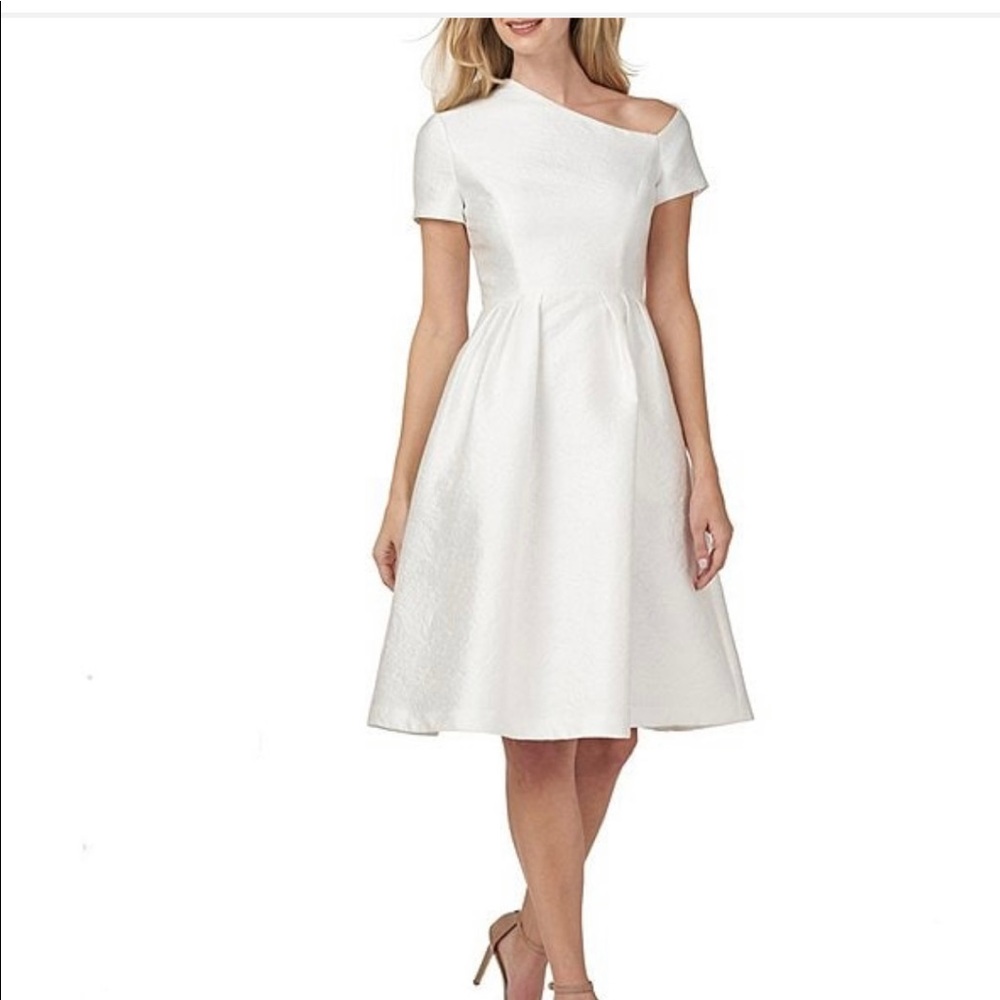 Kay Unger white asymmetrical neckline cocktail dress